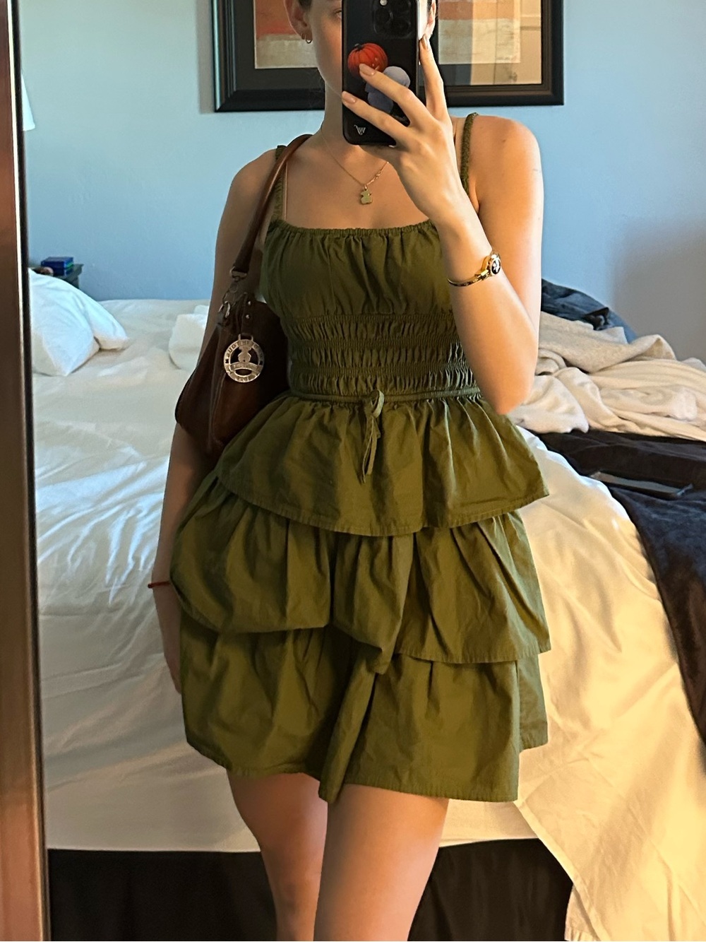 Aritzia Olive Green Tiered Smocked Mini Dress